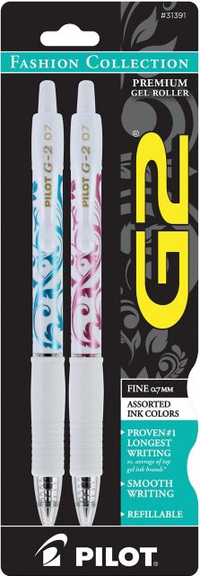 G2 Fashion Collection Retractable Gel Ink, White Barrel with Assorted wrap and ink colors, 2-pack, Fine Point.