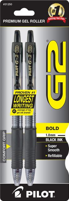 G2 Retractable Gel Ink Rolling Ball Pen, Bold Point, Black Ink, 2-pack.