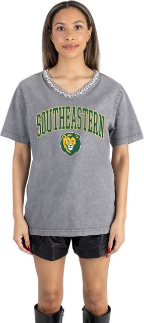 Southeastern Louisiana University Women's Garment-Washed Relaxed Fit Tee with Jeweled Rhinestone V-Neck