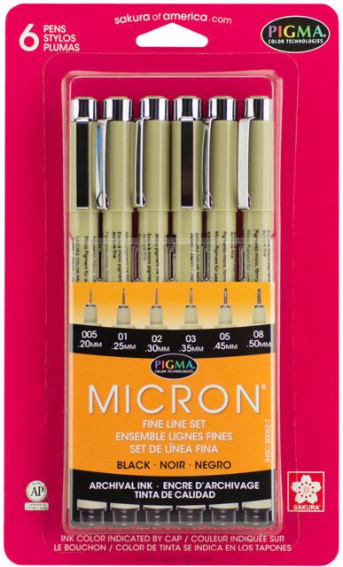 Pigma Micron Pen Set Of 6 Black-in Sizes 005 (.20Mm), 01 (.25Mm), 02 (.30Mm), 03 (.35Mm), 05 (.45Mm) And 08 (.50Mm)