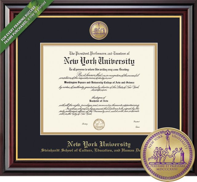 Framing Success 11.25 x 14.25 Steinhardt Diploma with Black and Gold double mat and gold-minted medallion - ONLINE ONLY