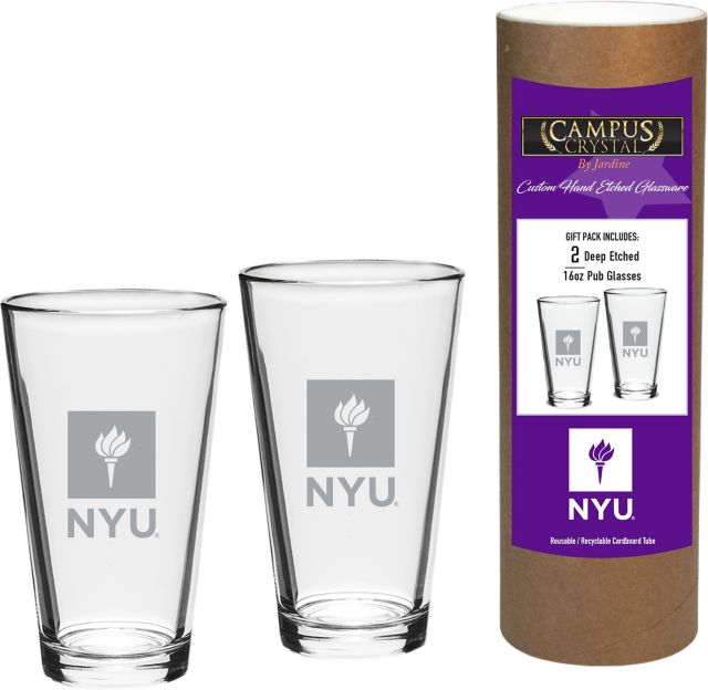 New York University 16 oz. Etched Glass - Set of 2