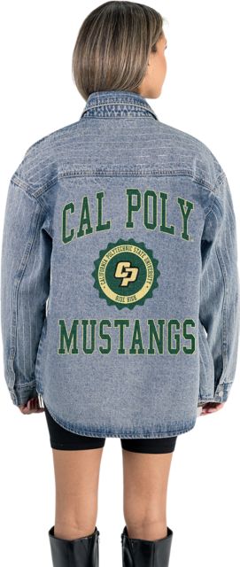 Cal Poly Women's Micro-Rhinestone Stripe Washed Denim Overshirt with Button-Down Front