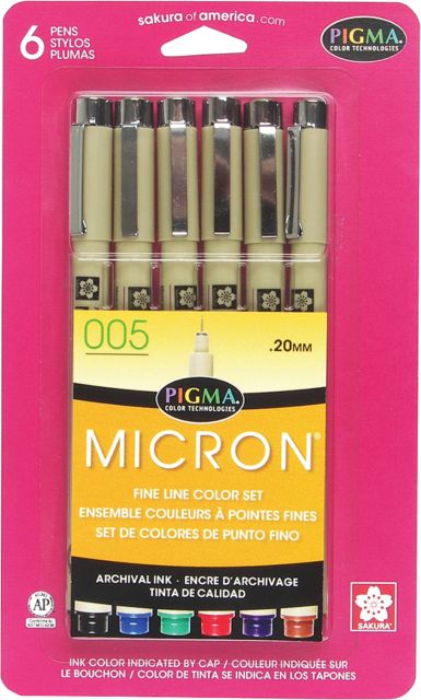 Micron Pen 6 Piece Set (0.20MM) Assorted Colors