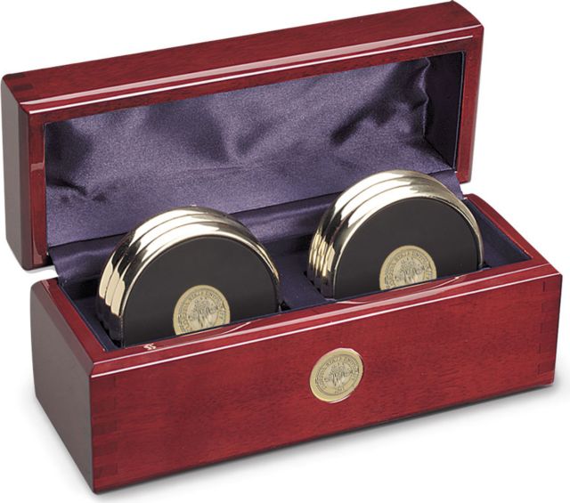 Set of Six Gold-Tone Round Coasters in Rosewood Box - ONLINE ONLY
