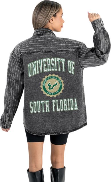 University of South Florida Women's Micro-Rhinestone Stripe Washed Denim Overshirt with Button-Down Front