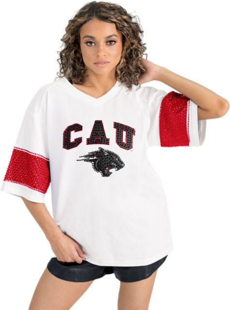 Clark Atlanta University Women's Half Sleeve Tee with Rhinestone Overlay Stripe Detail