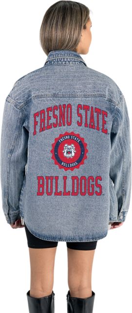 Fresno State Women's Micro-Rhinestone Stripe Washed Denim Overshirt with Button-Down Front