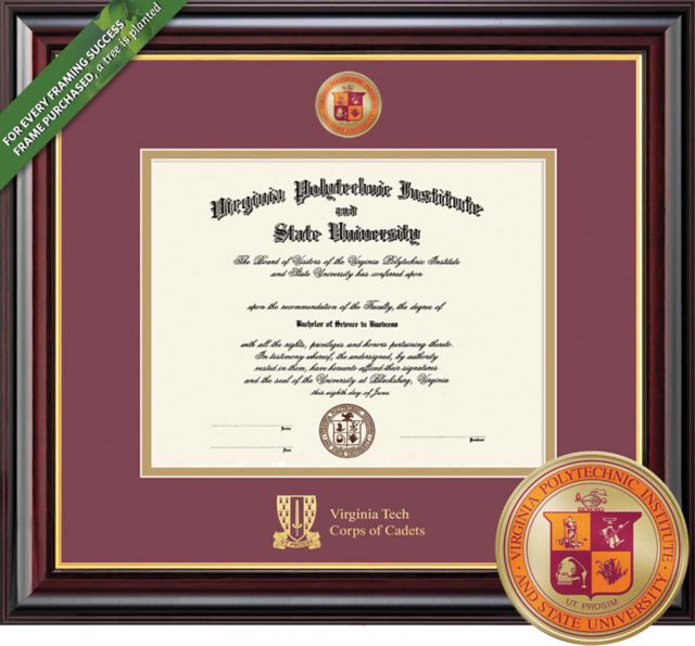 Virginia Tech Framing Success Windsor 13.5 x 15.5 Corps of Cadets Diploma with Double mat and Enameled Medallion - ONLINE ONLY