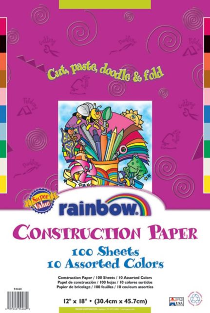 CONSTRUCTION PAPER RAINBOW 12X18 ASSORTED COLORS 100 SHEETS