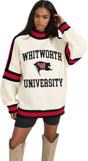 Whitworth University Women's Oversized Turtleneck Pullover with Bold Stretch-Knit Striped Detail