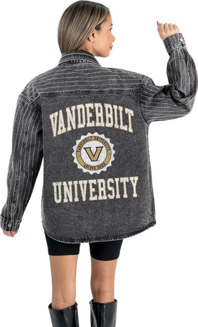 Vanderbilt University Women's Micro-Rhinestone Stripe Washed Denim Overshirt with Button-Down Front