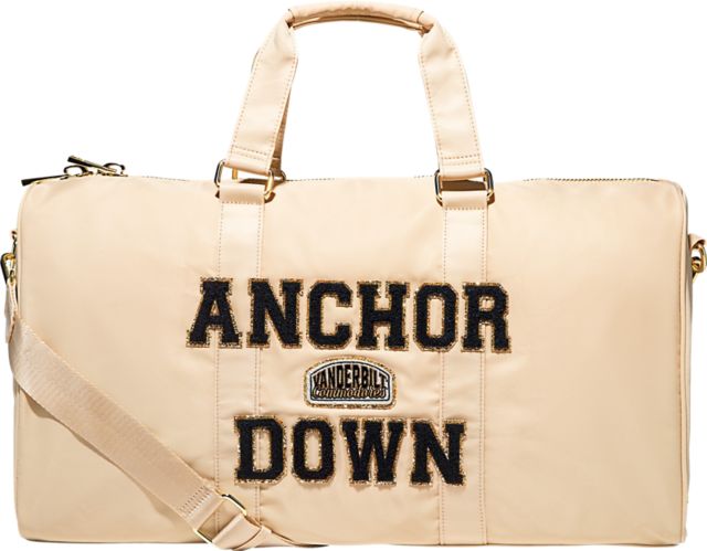 Vanderbilt University Sand Duffle Bag with"Anchor Down" in Glitter Varsity Letters and Vanderbilt University Patch