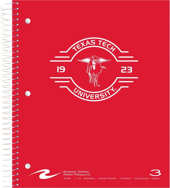 Texas Tech University Foil Imprinted 3 Subject College Ruled Spiral Notebook, 11" x 9", 120 Sheets