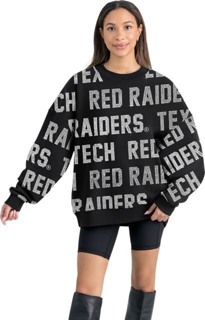 Texas Tech University Women's All-Over Pixelated Rhinestone Text Drop Shoulder Crewneck Pullover