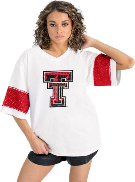 Texas Tech University Women's Half Sleeve Tee with Rhinestone Overlay Stripe Detail