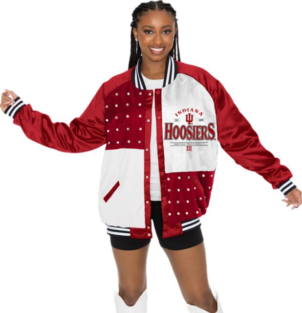 Indiana University Hoosiers Women's Mixed Media Throwback Varsity Bomber Jacket with Rhinestone Inserts