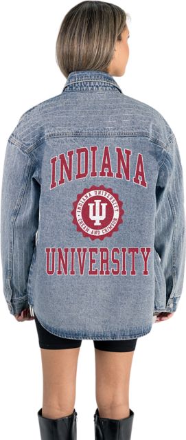 Indiana University Hoosiers Women's Micro-Rhinestone Stripe Washed Denim Overshirt with Button-Down Front