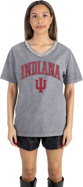 Indiana University Hoosiers Women's Garment-Washed Relaxed Fit Tee with Jeweled Rhinestone V-Neck