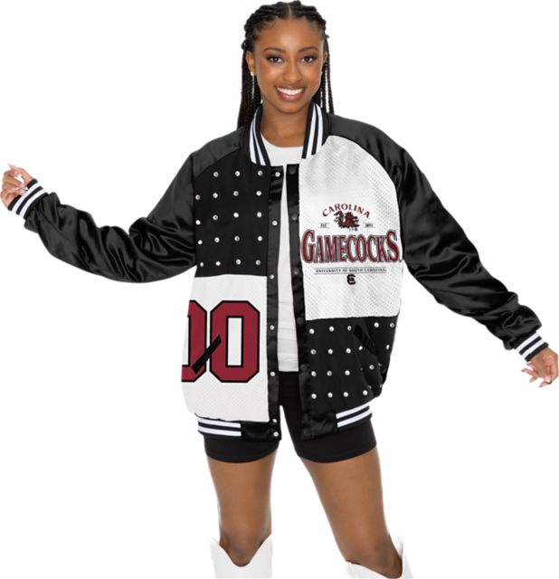 University of South Carolina Women's Mixed Media Throwback Varsity Bomber Jacket with Rhinestone Inserts