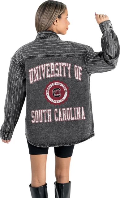 University of South Carolina Women's Micro-Rhinestone Stripe Washed Denim Overshirt with Button-Down Front