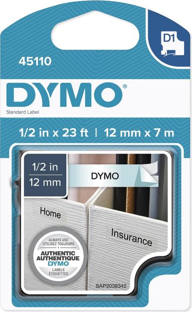 DYMO Label Cassette Replacement, D1, Standard Labels, Black on Clear 45110