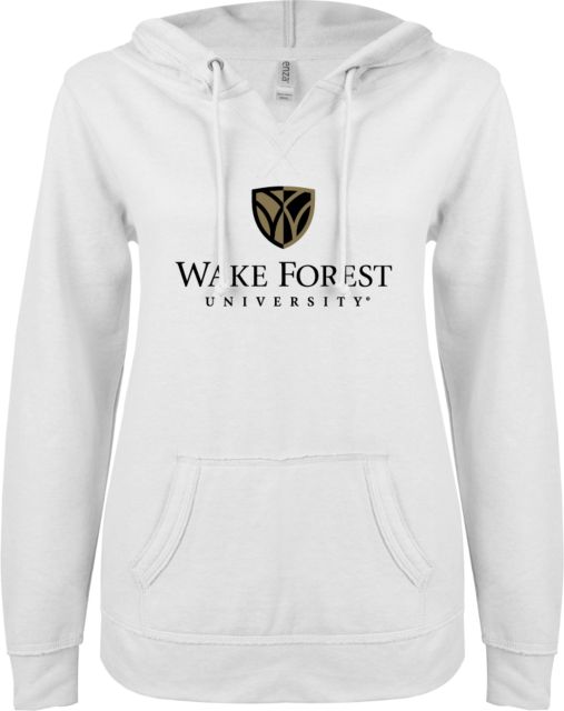 Wake Forest ENZA Womens V Notch Raw Edge Fleece Hoodie Wake Forest University Mark Stacked - ONLINE ONLY