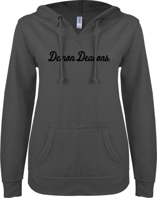 Wake Forest ENZA Womens V Notch Raw Edge Fleece Hoodie Demon Deacons Script - ONLINE ONLY