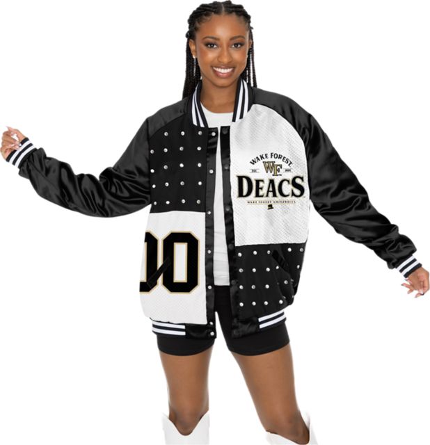 Wake Forest University Women's Mixed Media Throwback Varsity Bomber Jacket with Rhinestone Inserts