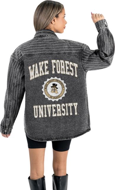 Wake Forest University Women's Micro-Rhinestone Stripe Washed Denim Overshirt with Button-Down Front