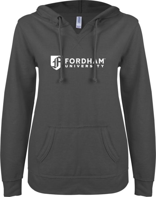 Fordham ENZA Womens V Notch Raw Edge Fleece Hoodie Fordham University Primary Mark Flat - ONLINE ONLY