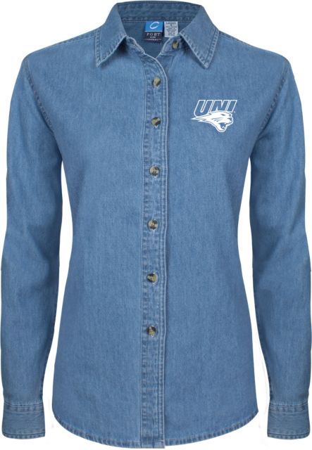 Northern Iowa Womens Denim Long Sleeve Shirt UNI Primary Athletics Mark - ONLINE ONLY
