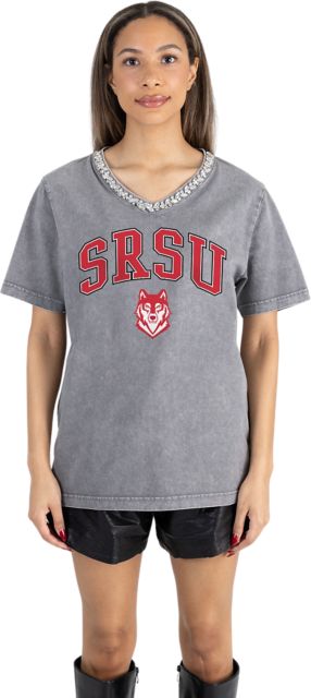 Sul Ross State University Women's Garment-Washed Relaxed Fit Tee with Jeweled Rhinestone V-Neck