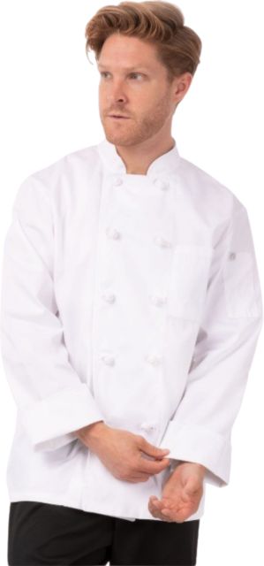 Bordeaux Chef Coat. Left chest patch pocket. Left sleeve thermometer pocket. 65%Polyester, 35% Cotton Blend 6.2 oz. XS-7XL