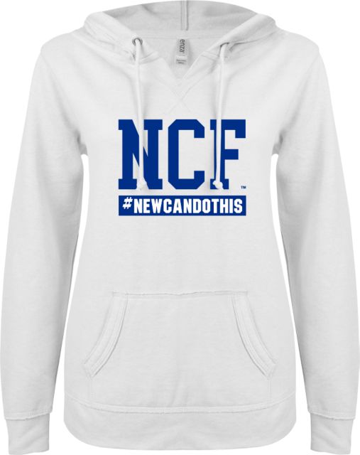 New College of Florida ENZA Womens V Notch Raw Edge Fleece Hoodie Hashtag - ONLINE ONLY