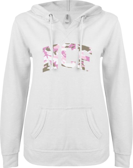 New College of Florida ENZA Womens V Notch Raw Edge Fleece Hoodie P - Wild Pink Camo - ONLINE ONLY