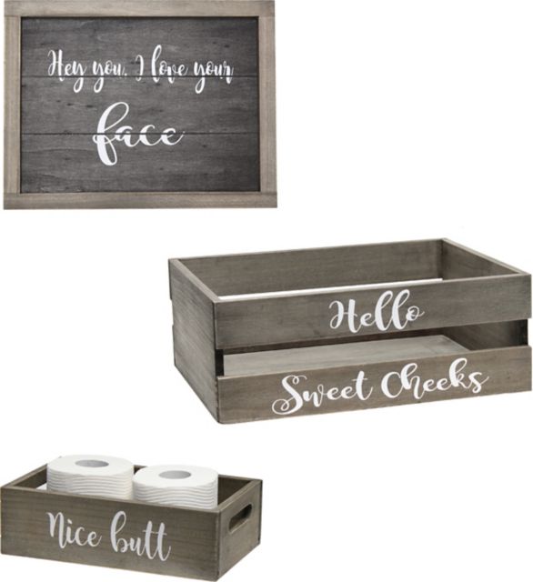 Elegant Designs 3-Piece Decorative Wood Bathroom Set, Large, Cheeky  (1 Towel Holder, 1 Frame, 1 Toilet Paper Holder) - ONLINE ONLY