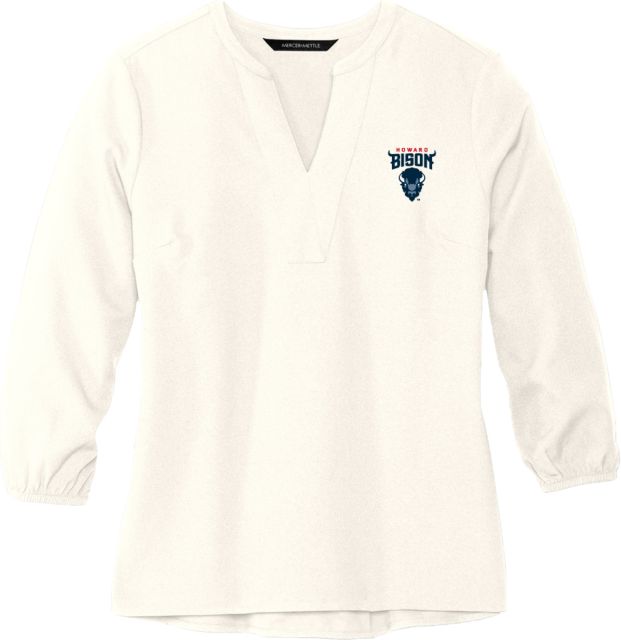 Howard Mercer + Mettle Womens Ivory 3/4 Sleeve Crepe Blouse Howard University Bison Head Wordmark - ONLINE ONLY