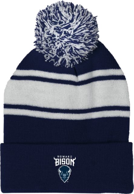 Howard Navy/White Two Tone Knit Pom Beanie w/Cuff Howard University Bison Head Wordmark - ONLINE ONLY