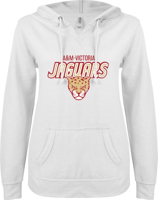 Texas A&M University Victoria Jaguars ENZA Womens V Notch Raw Edge Fleece Hoodie A&M Victoria Jaguars Stacked - ONLINE ONLY