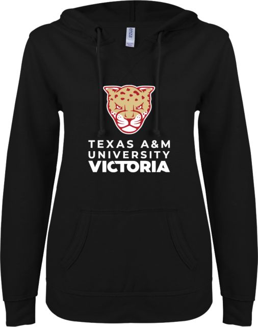 Texas A&M University Victoria Jaguars ENZA Womens V Notch Raw Edge Fleece Hoodie Texas A&M University Victoria Mascot Stacked - ONLINE ONLY