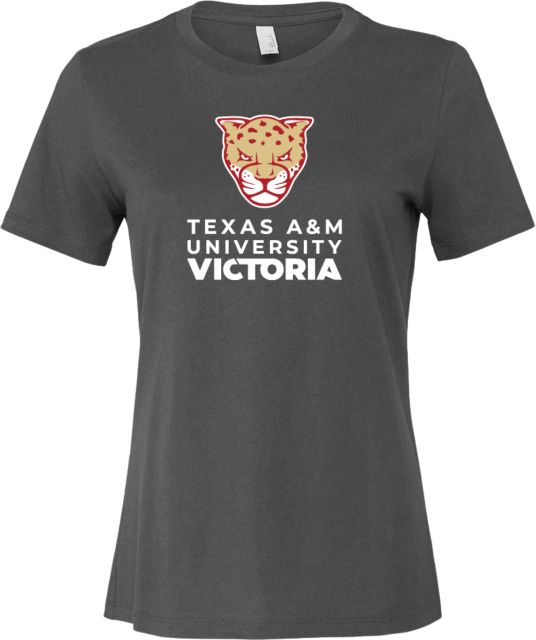 Texas A&M University Victoria Jaguars Bella + Canvas Womens Asphalt Relaxed Cotton T-Shirt Texas A&M University Victoria Mascot Stacked - ONLINE ONLY