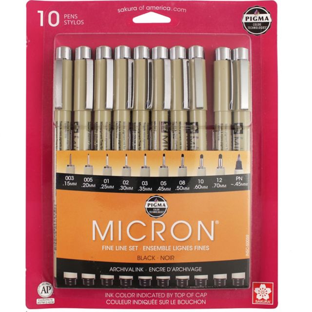 MICRON PEN 10 PIECE SET ASSORTED SIZES BLACK