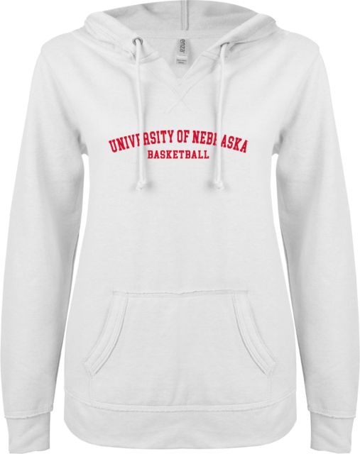 Nebraska Huskers ENZA Womens V Notch Raw Edge Fleece Hoodie University of Nebraska Arched Basketball - ONLINE ONLY