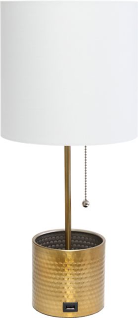 Simple Designs Hammered Metal Organizer Table Lamp with USB charging port and Fabric Shade, Gold - ONLINE ONLY
