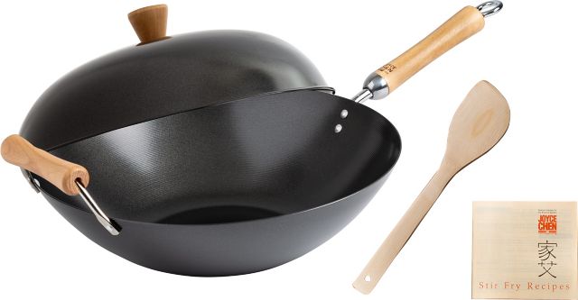 Joyce Chen Classic Series 4-Piece Carbon Steel Nonstick Wok Set with Lid, Spatula, and Recipe Booklet - ONLINE ONLY