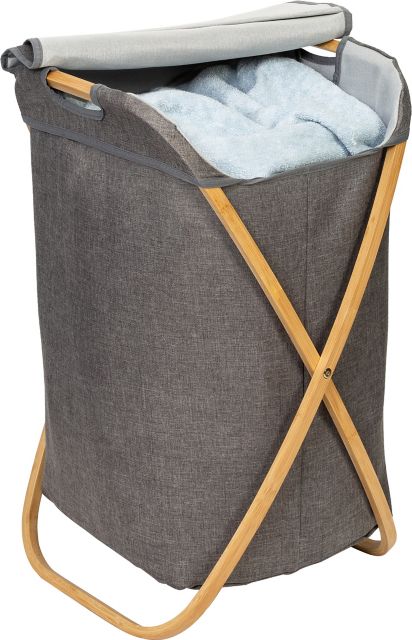 Gray Canvas and Bamboo Framed Collapsible Hamper - ONLINE ONLY