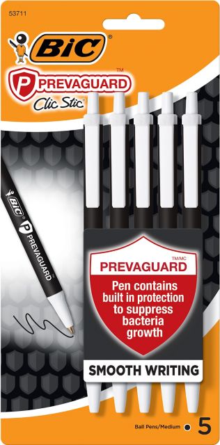 PrevaGuard Clic Stic Antimicrobial Ball Pen Medium Point (1.0mm) Black 5Pk      Blister