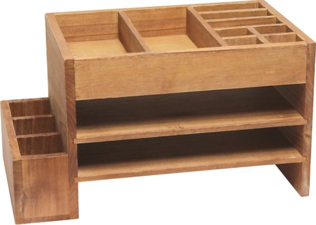 Home Office Tiered Desk Organizer with Storage Cubbies and Letter Tray, Natural Wood - ONLINE ONLY