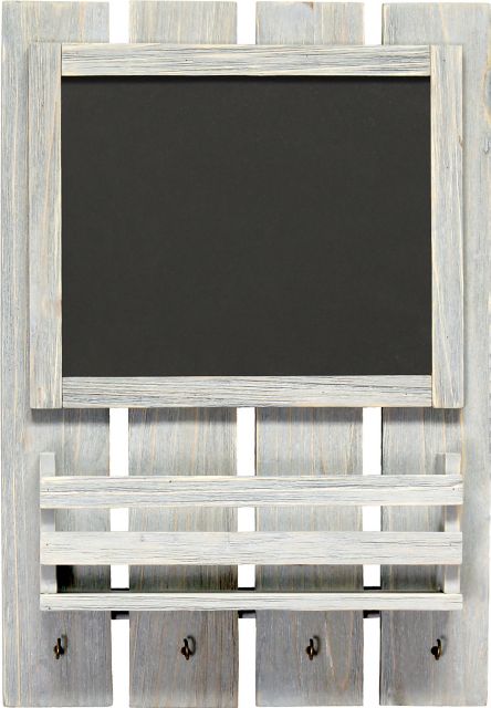 Chalkboard Sign with Key Holder Hooks and Mail Storage, Gray Wash - ONLINE ONLY